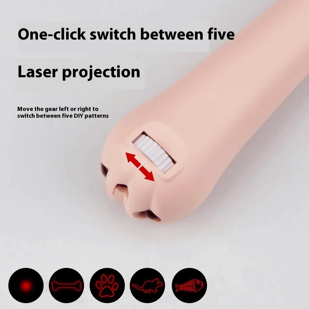 Infrared laser cat teasing stick with miniature paw prints in blue plastic with laser projection