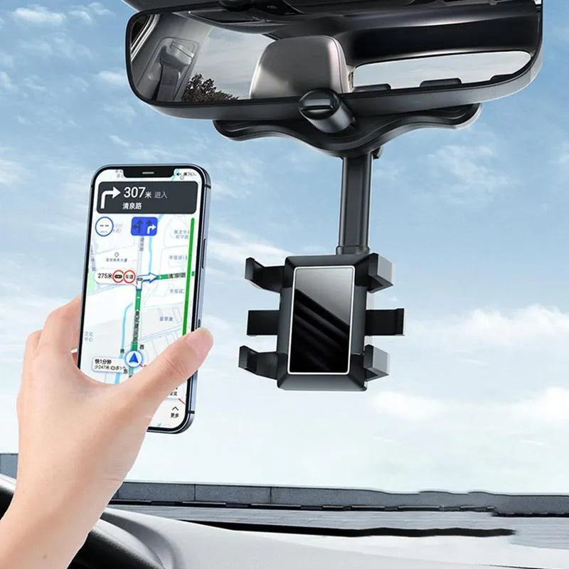 Black rearview mirror car phone holder showing 360-degree rotation and telescopic arm extension.