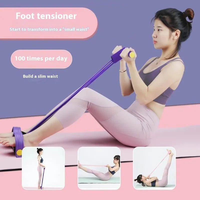 Yoga four piece set showing leg stretching device, foot pedaler, yoga ring, and figure eight tension rope.