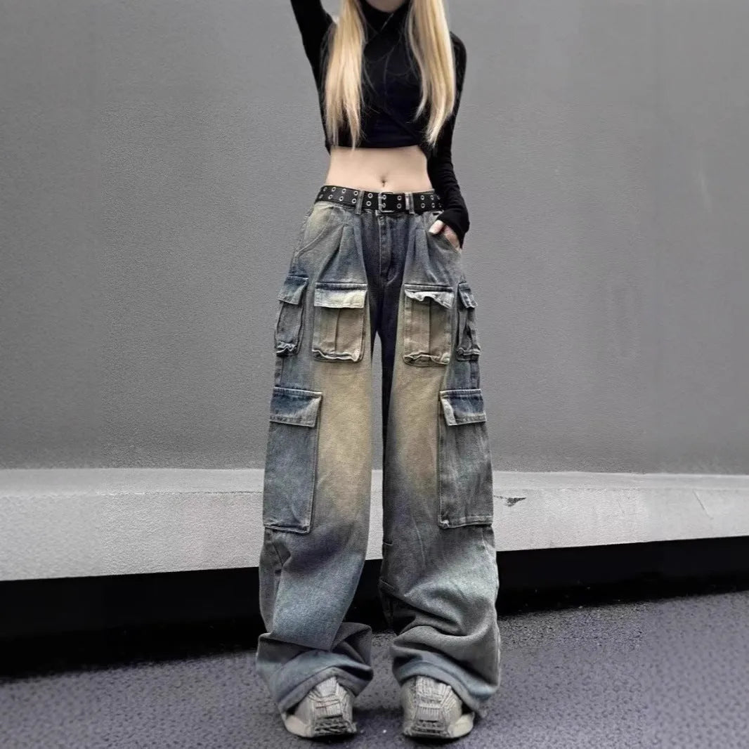 Light blue loose fit multi-pocket distressed jeans with straight leg cut and tooling style design