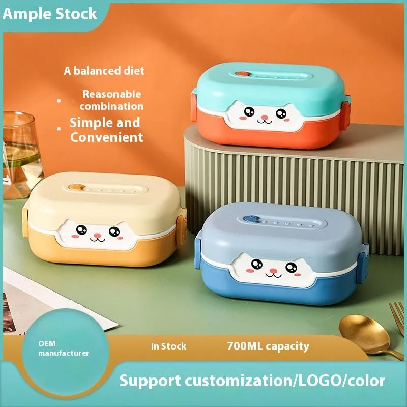 Square plastic divided lunch box showing multiple colour options including dark blue, orange, and pink and green