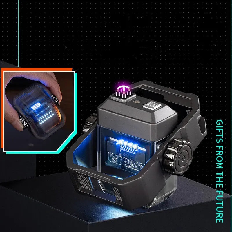 Blue zinc alloy windproof electric arc lighter unfolded, showing the double arc and mechanical gyroscope design.
