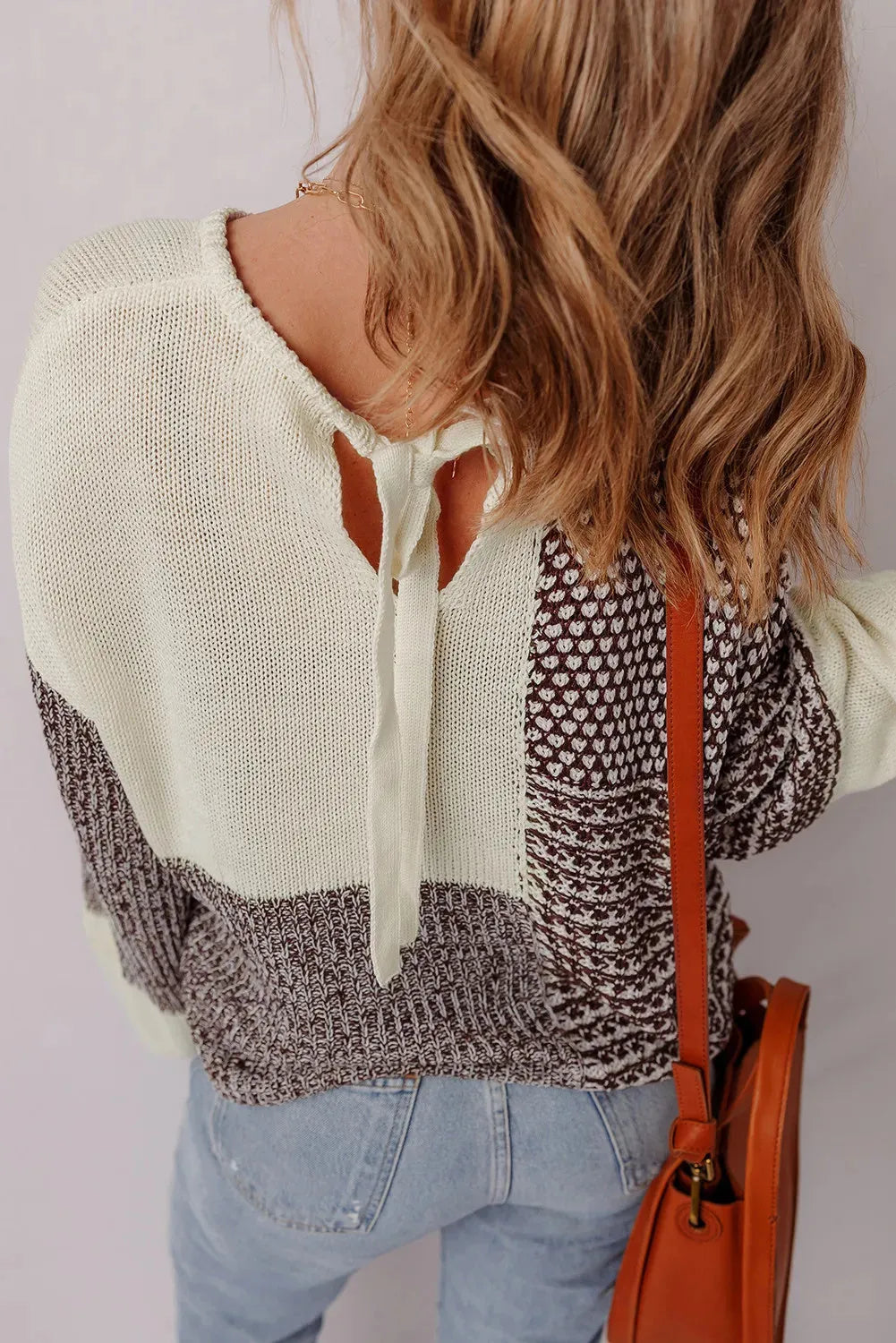 Dark khaki colour block loose sweater with back tie detail and drop shoulder design