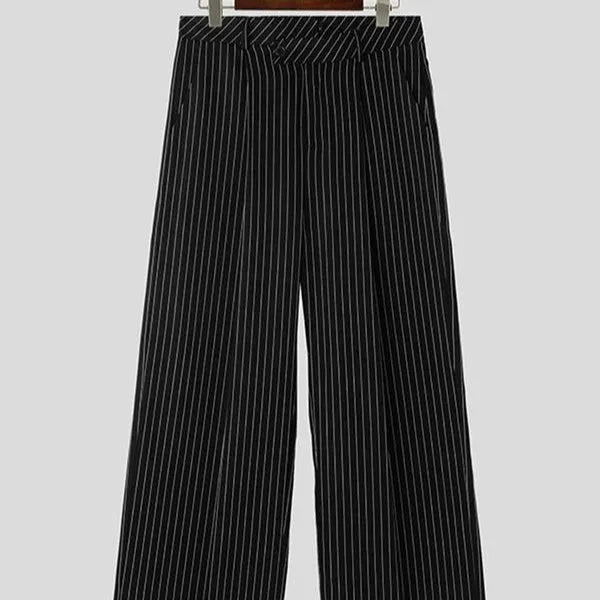 Men's black vertical striped pleated casual trousers with elastic fabric