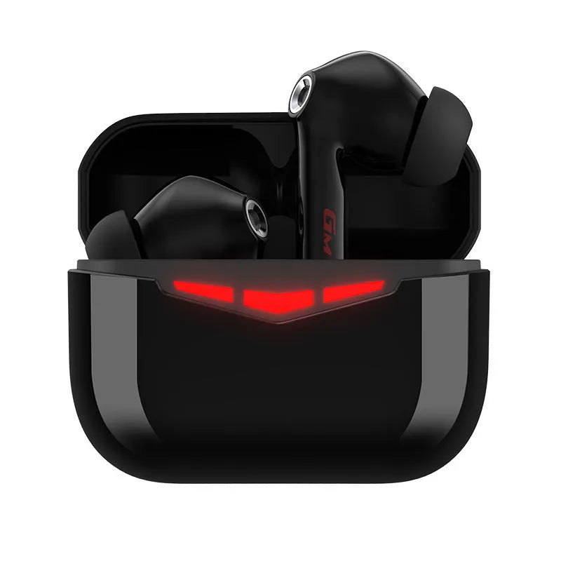True wireless gaming earbuds in charging case with spare silicone tips.