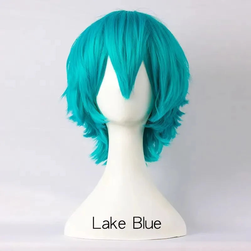 Men's short anime cosplay wig in multiple colours made from heat-resistant synthetic fibre