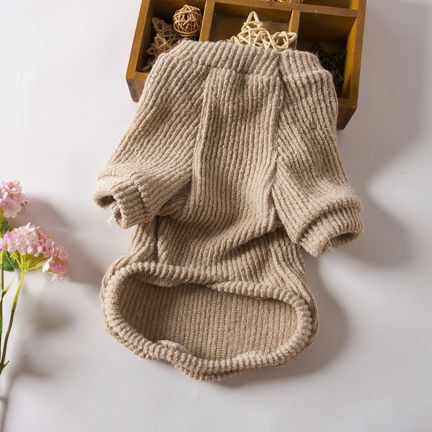 Brown knit sweater pullover for small breed dogs on a white background