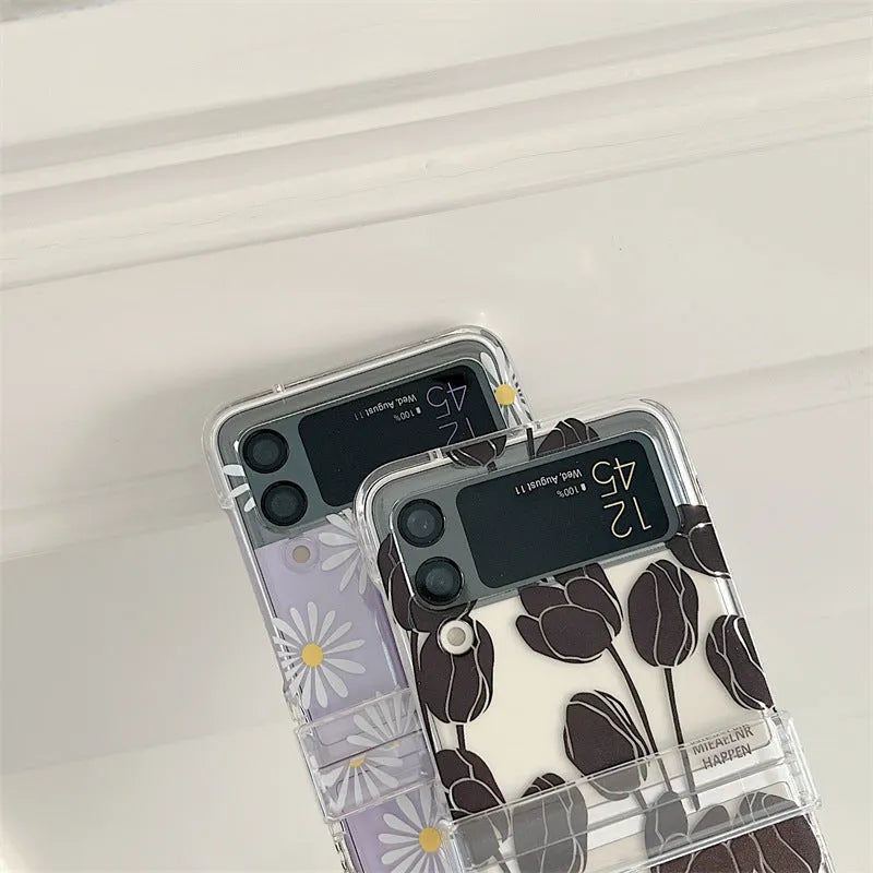 Samsung Galaxy Z Flip phone case with flower design on transparent hard shell