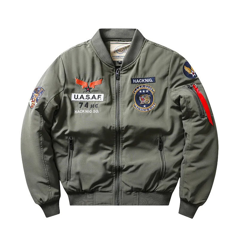 Men's slim-fit stand collar Harley retro embroidery cotton-padded coat in black.