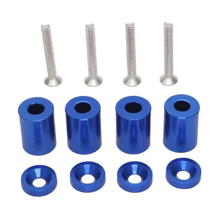 Aluminium alloy car engine bay spacer kit with red, blue, and black colour options next to screws, nuts, and washers.