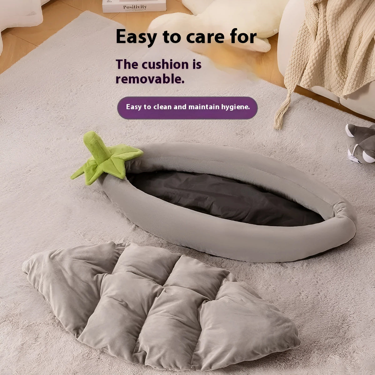 Removable washable cloth pet bed mat shown in purple colour with size options for dogs and cats