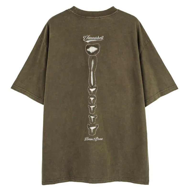 Black cotton t-shirt with skull and letter graphic, drop-shoulder sleeves, loose fit