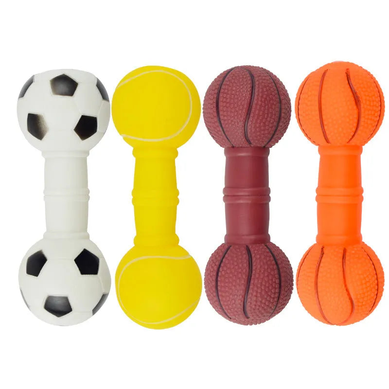 Brown, orange, white, and yellow PVC football dumbbell shaped squeaky dog chew toy.