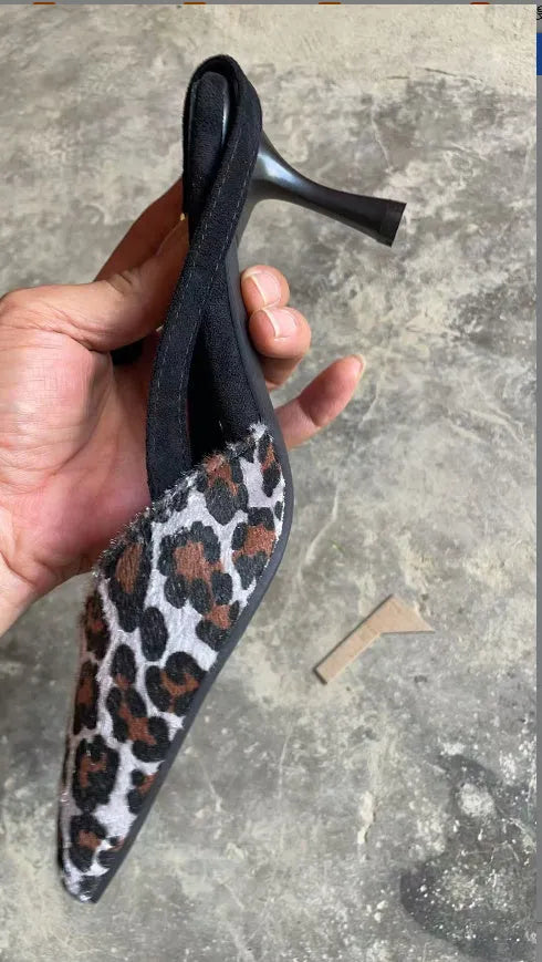 Women's leopard print suede sandals with scattered pointed toe design on size display