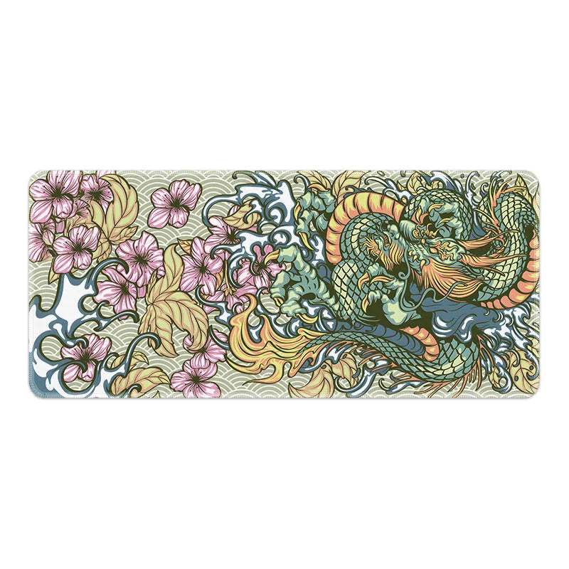 Creative dragon design gaming mouse pad on a desk, showing cloth surface and non-slip base.