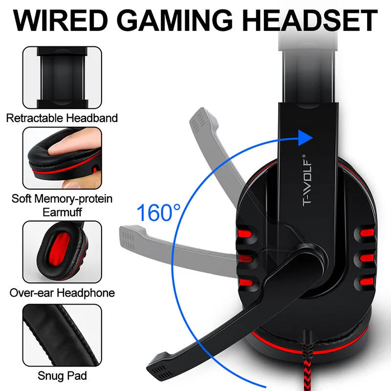 Thunder Wolf T800 wired gaming keyboard and mouse set with USB optical mouse and matching headset on mouse pad