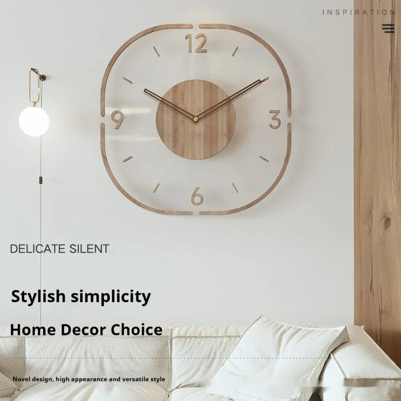 Modern square transparent wooden wall clock showing visible mechanical gears, 35cm size.