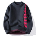 Men's loose fit knitted pullover in rabbit fur with ribbed hemline, shown in multiple colours.