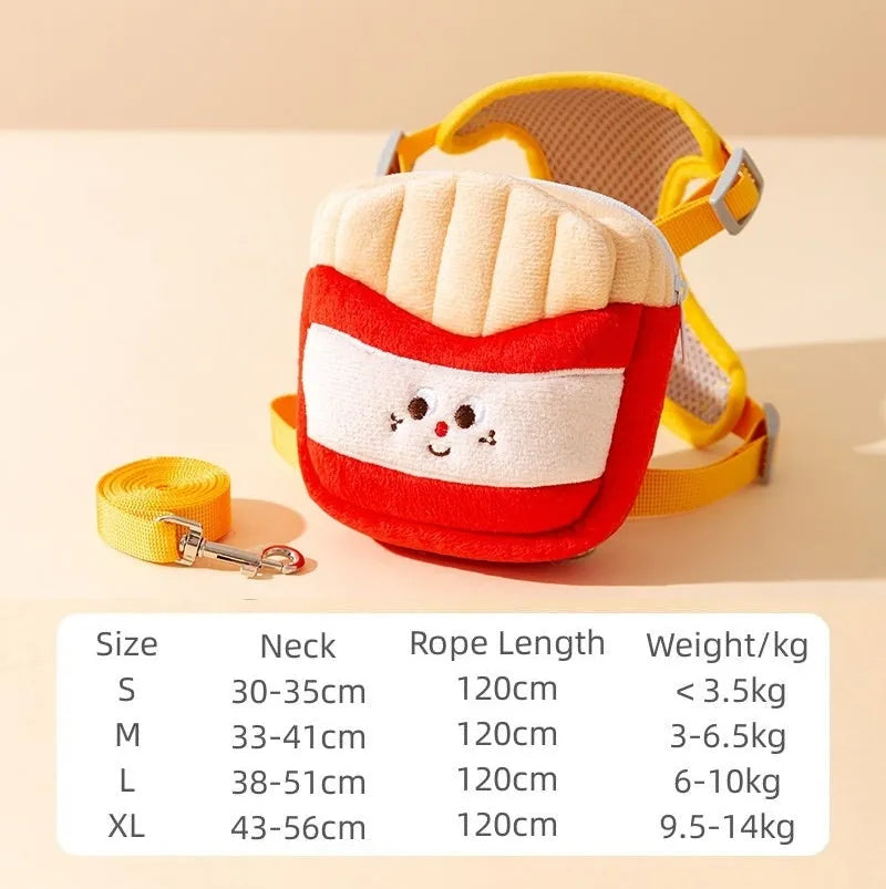 Cartoon hamburger design adjustable vest leash harness for a dog on a walk.