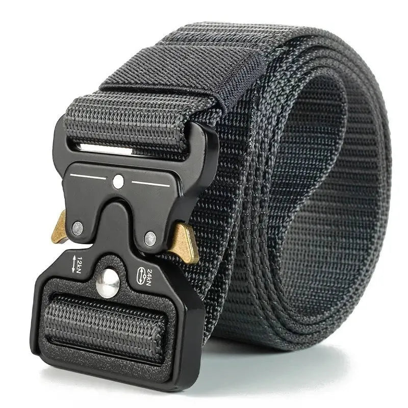 Men's thick woven canvas tactical belt with an alloy release buckle, shown in one of five colour options