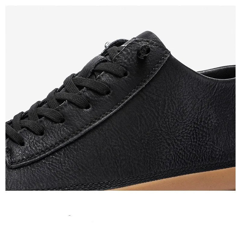 Men's black round-toe lace-up casual leather shoes with a flat rubber sole.