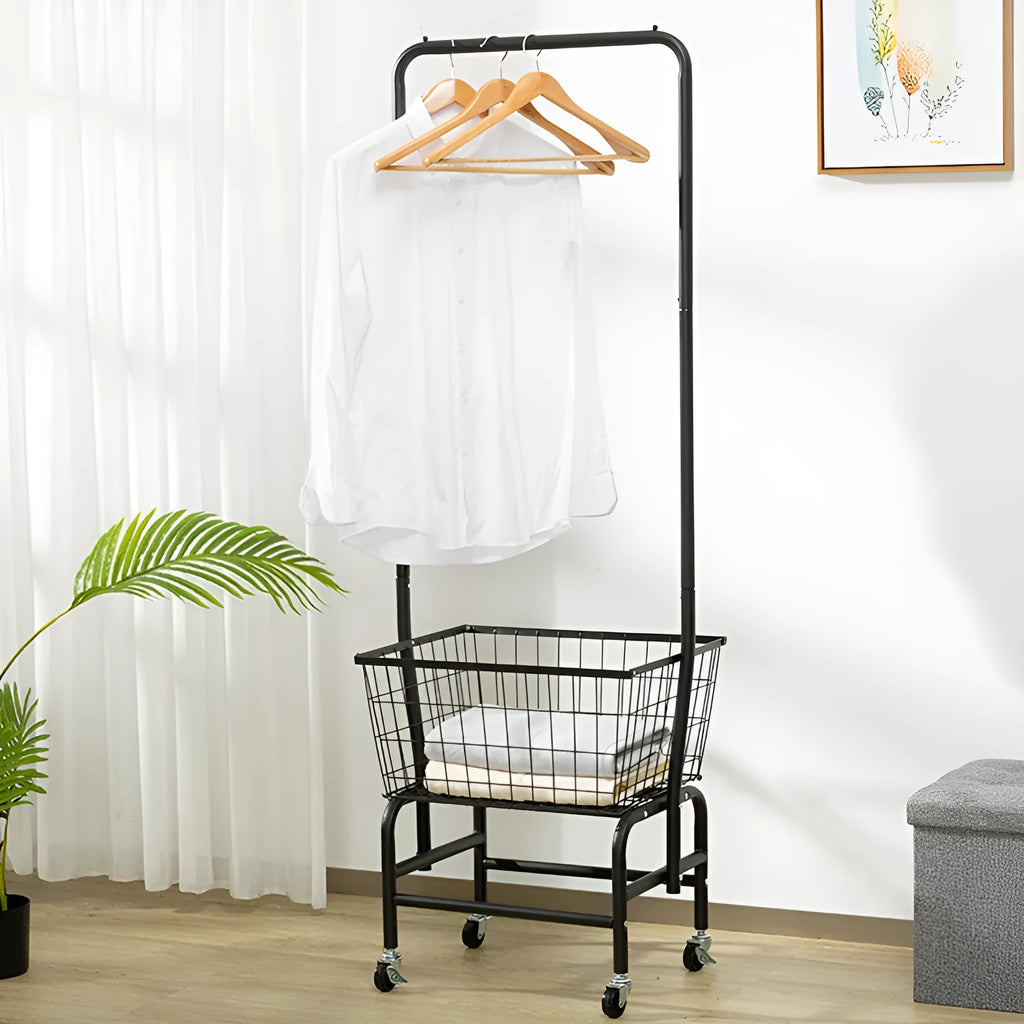 Single rod pulley storage car with iron frame and clothes hanger in black colour