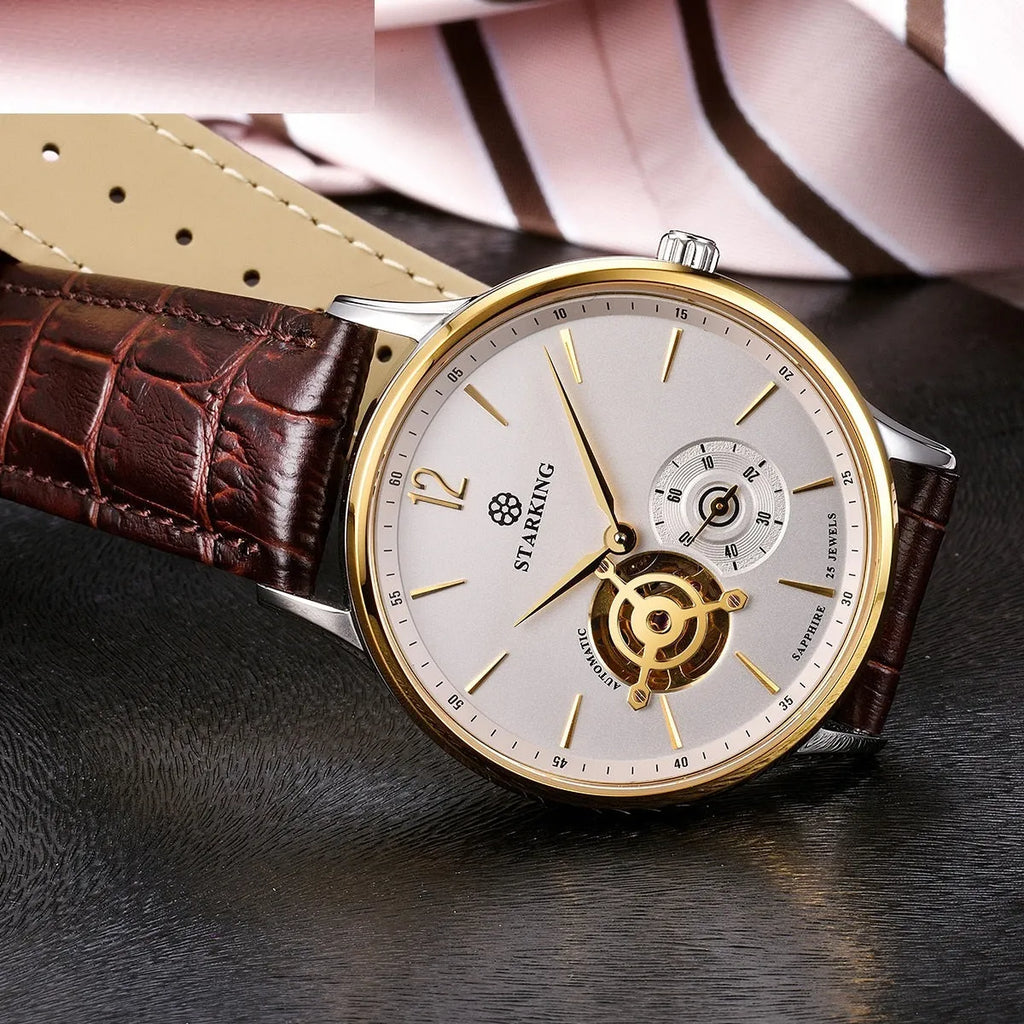 Automatic mechanical business watch with hollow three-needle dial on brown leather strap