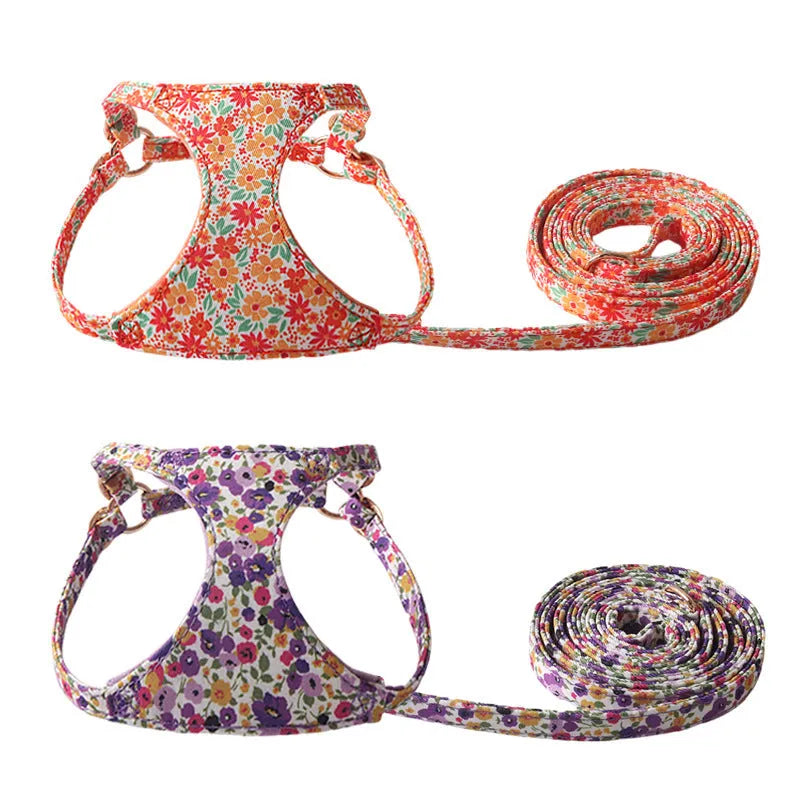Floral pattern cloth pet harness with leash in orange colour showing single chest back design