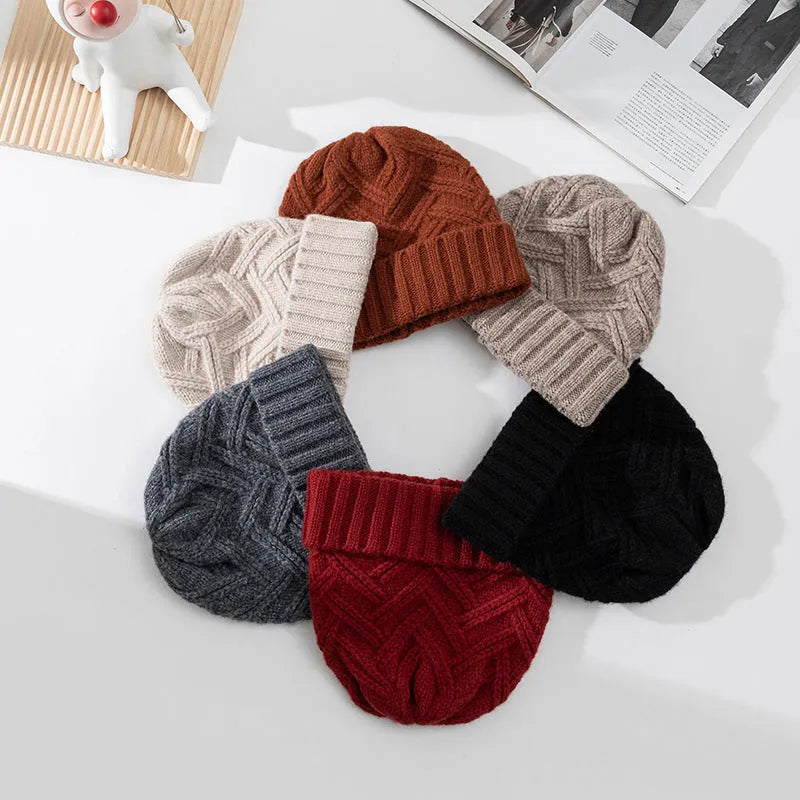 Wool knitted winter hat with dome crown and totem pattern in multiple colour options