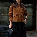 Women's brown suede coat with regular sleeves in street chic style, polyester fabric