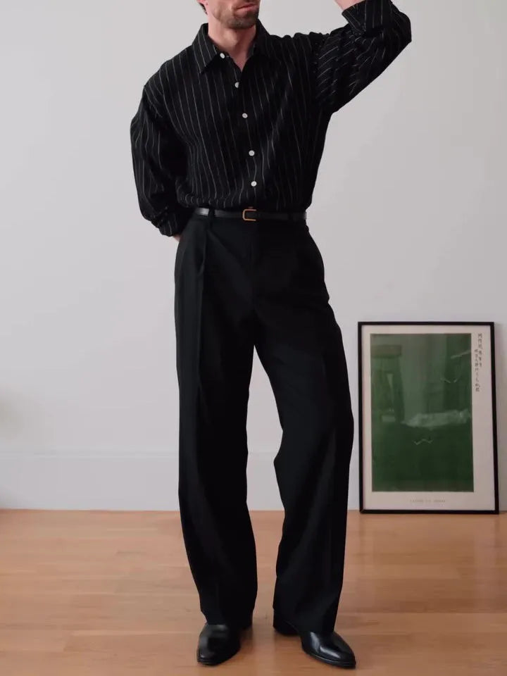 Black and white pinstriped men's long sleeve button-down shirt with a regular fit.
