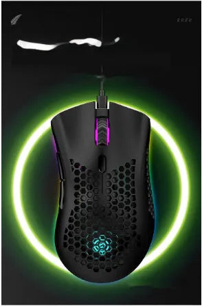 Hollow out patterned wireless gaming mouse with illumination, shown in cyan colour