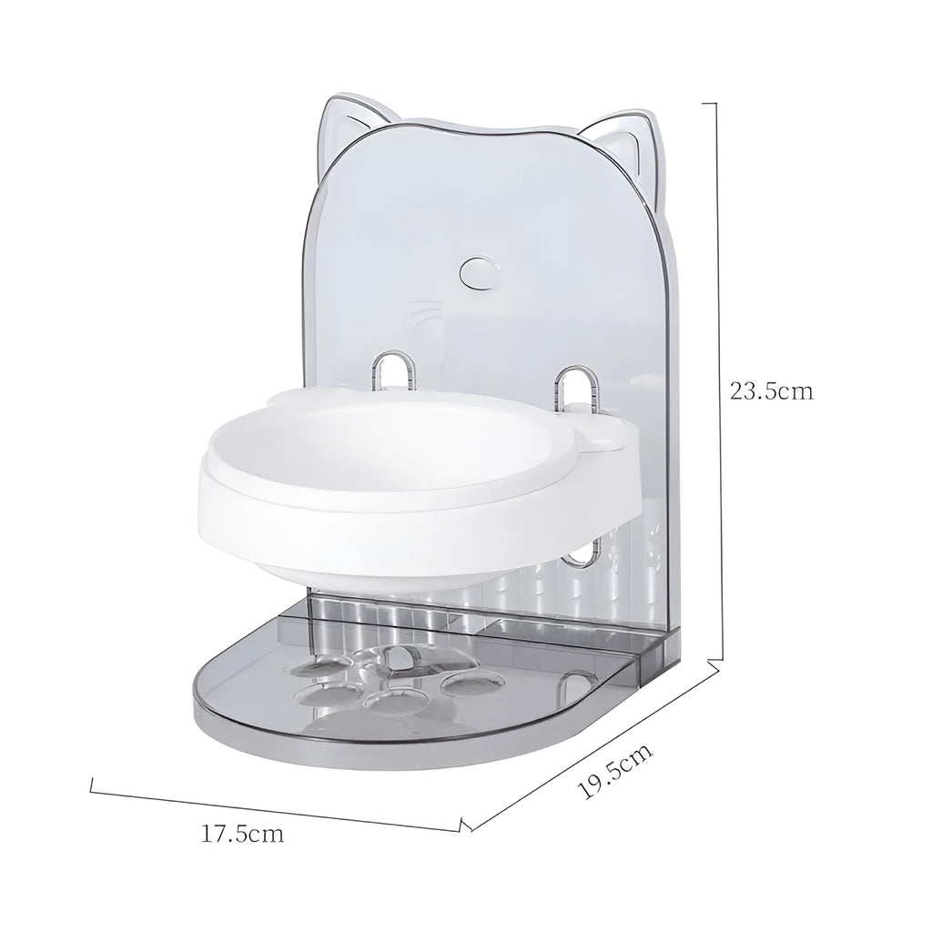 Grey or pink cat ear pet feeding bowl with anti-spill rim and adjustable height mechanism