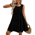 Women's light blue sleeveless plaid dress with high waist and swing skirt on a hanger.