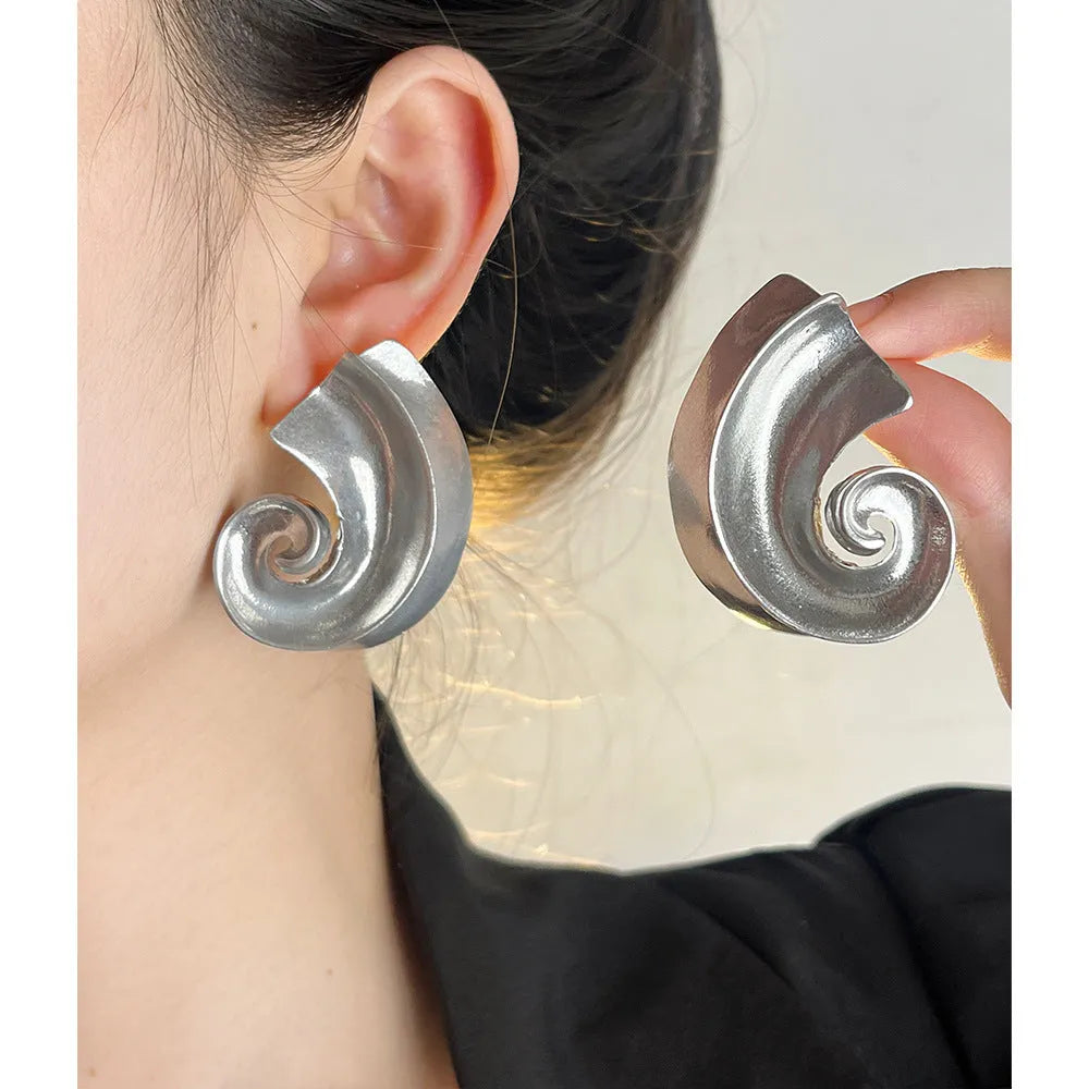 Gold geometric retro ear studs with 5cm drop length, alloy construction with electroplated finish.