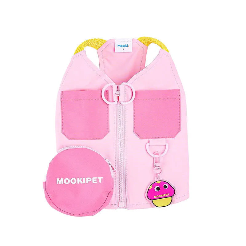 Pink polyester dog vest for small breeds on mannequin showing vest closure