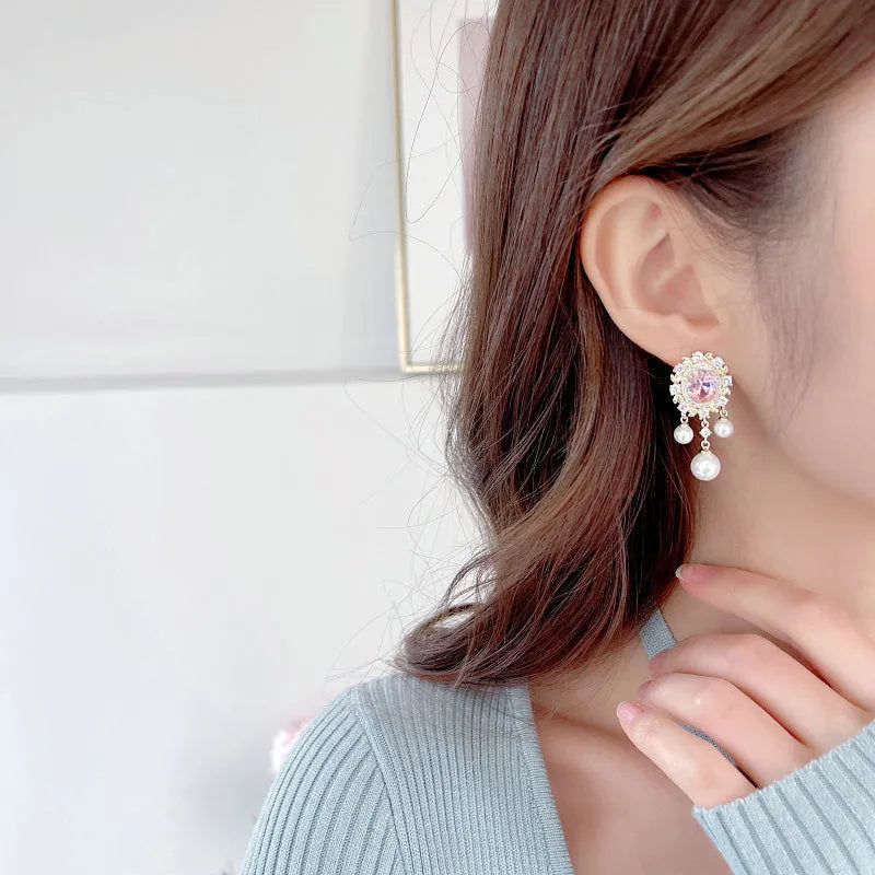 Oval geometric zircon inlaid pearl tassel earrings in copper with colour options