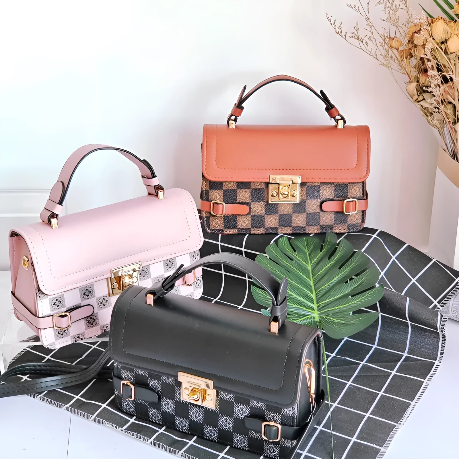 Retro square crossbody bag with floral stitching and plaid patterns in apricot colour