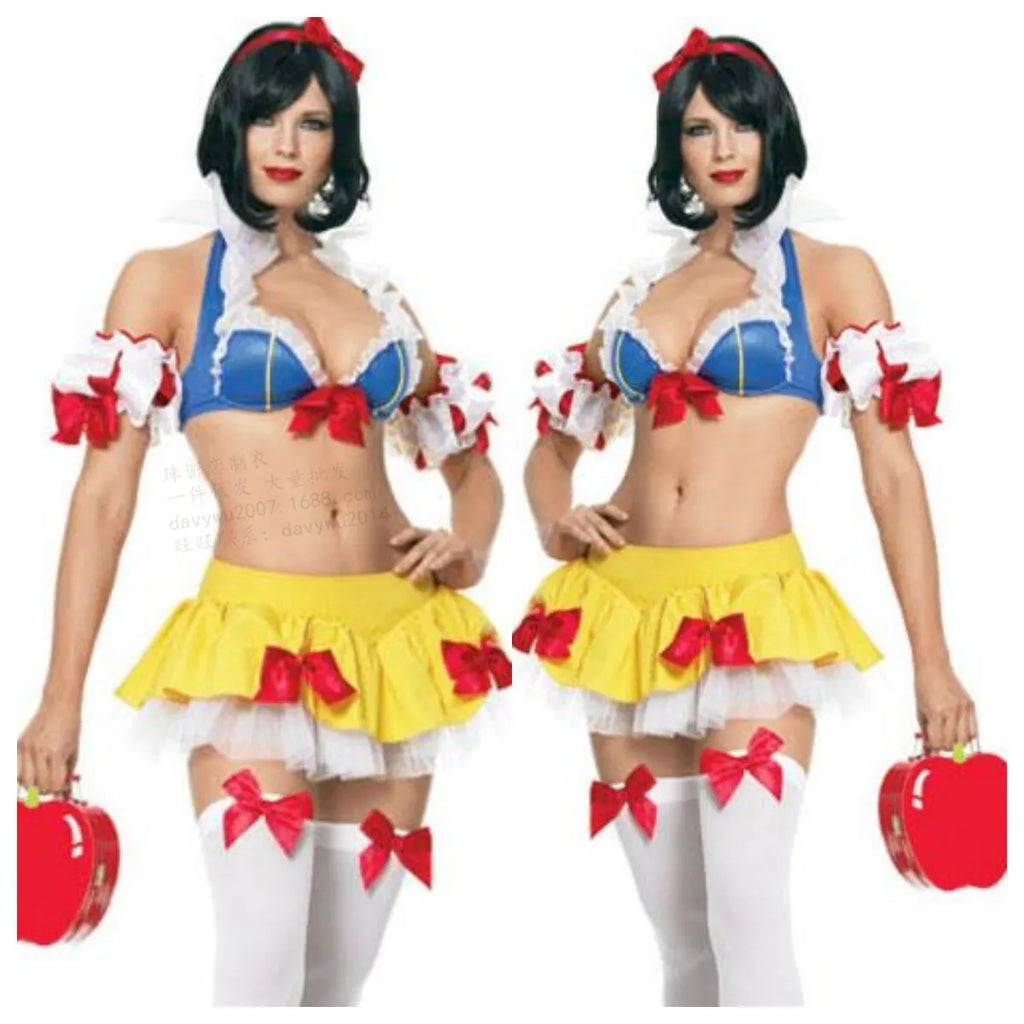 Snow White anime cosplay costume dress with headdress, top, short skirt, and hand sleeves