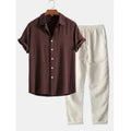 Men's loose fit linen-look casual suit set with short sleeve shirt and trousers