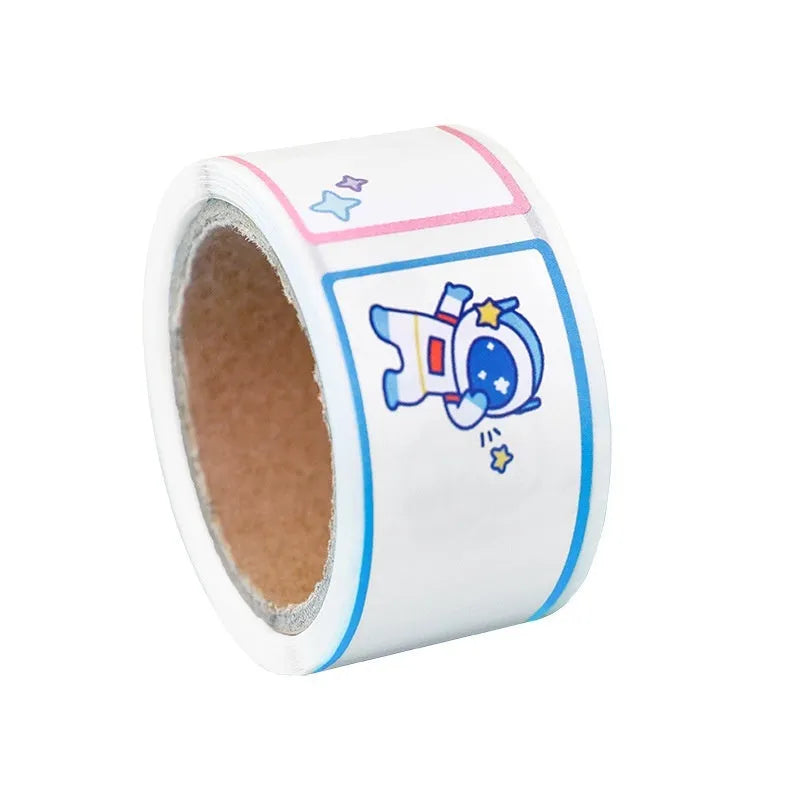 Roll of cartoon tape name labels showing dinosaur, astronaut, rabbit, and girl design options