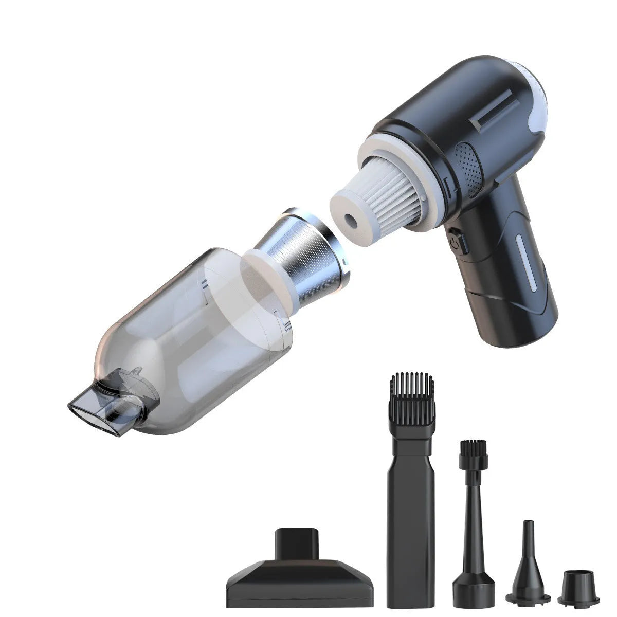 Handheld pet hair vacuum cleaner with attachments on a grey background