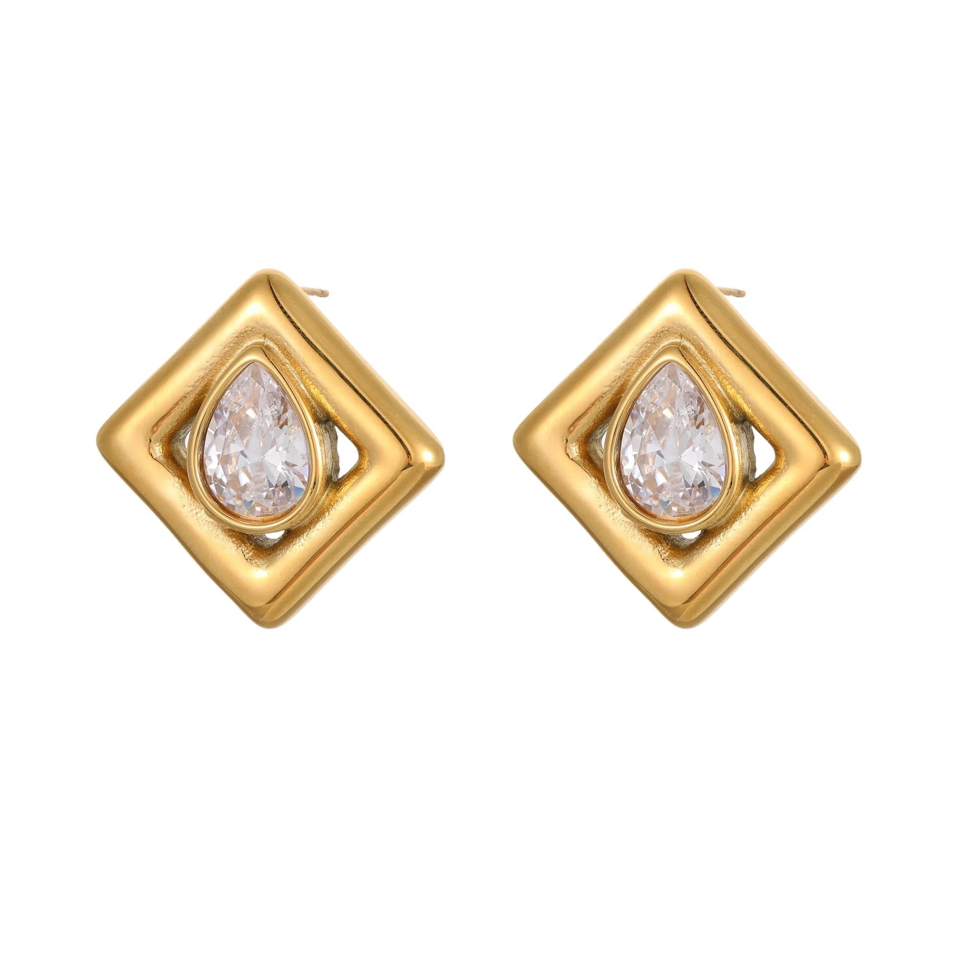Gold geometric stud earrings with water drop zircon inlay on stainless steel with 18K plating