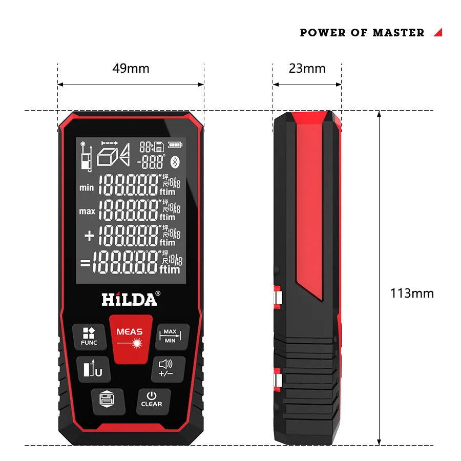 Handheld laser rangefinder for indoor distance measurement, available in 100m or 120m range models.