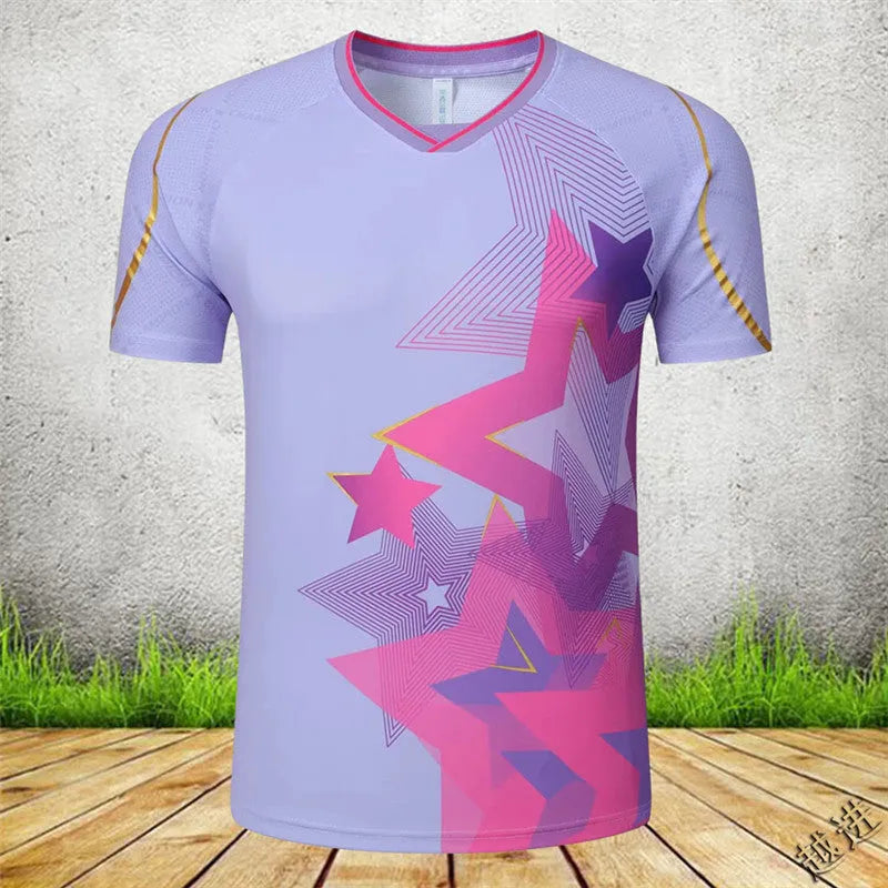 Men's and women's badminton competition sportswear set with short-sleeved polyester jacket and matching trousers.