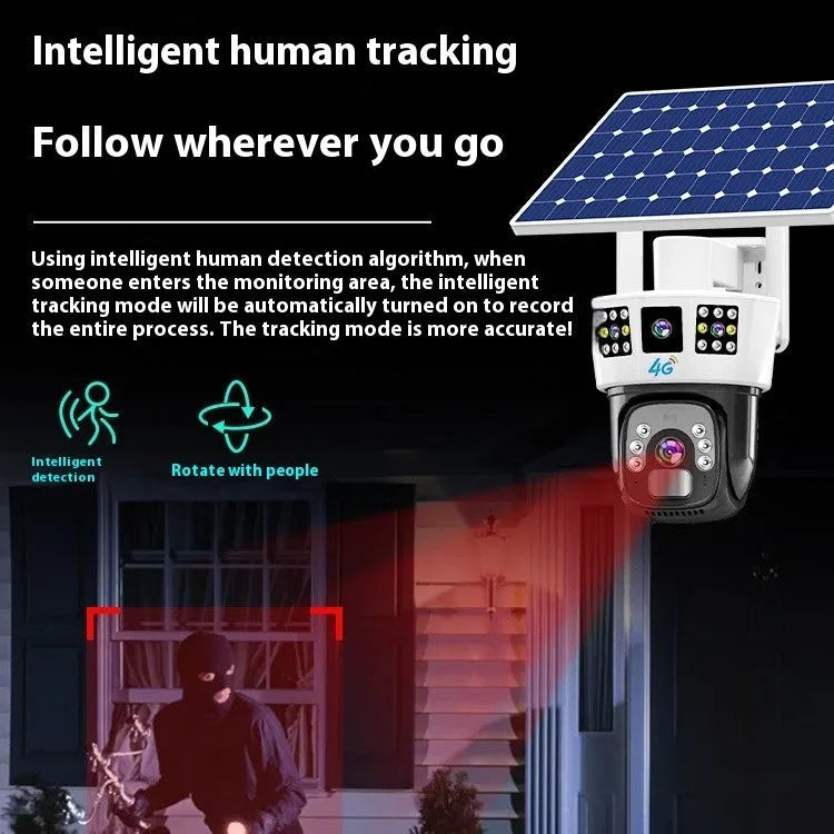 Solar-powered binocular outdoor surveillance camera with dual lenses and solar panel