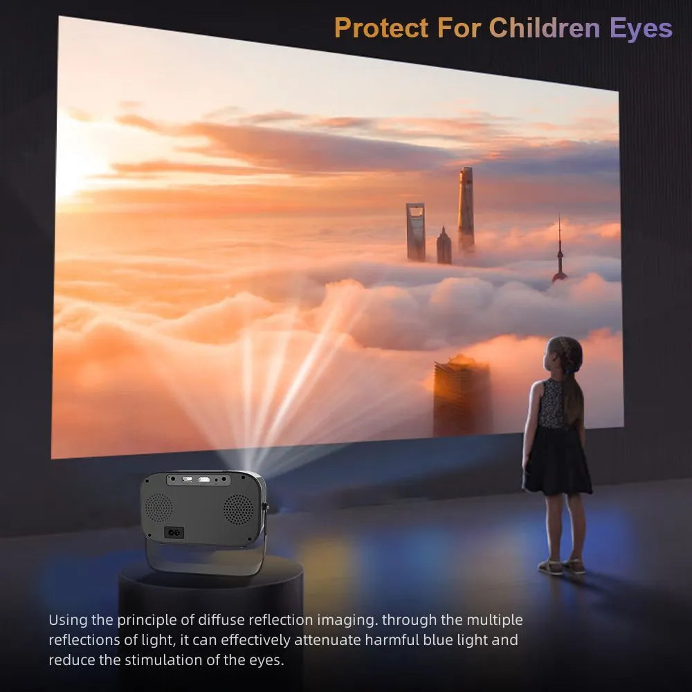 Black HD smart portable projector with remote control for home office use