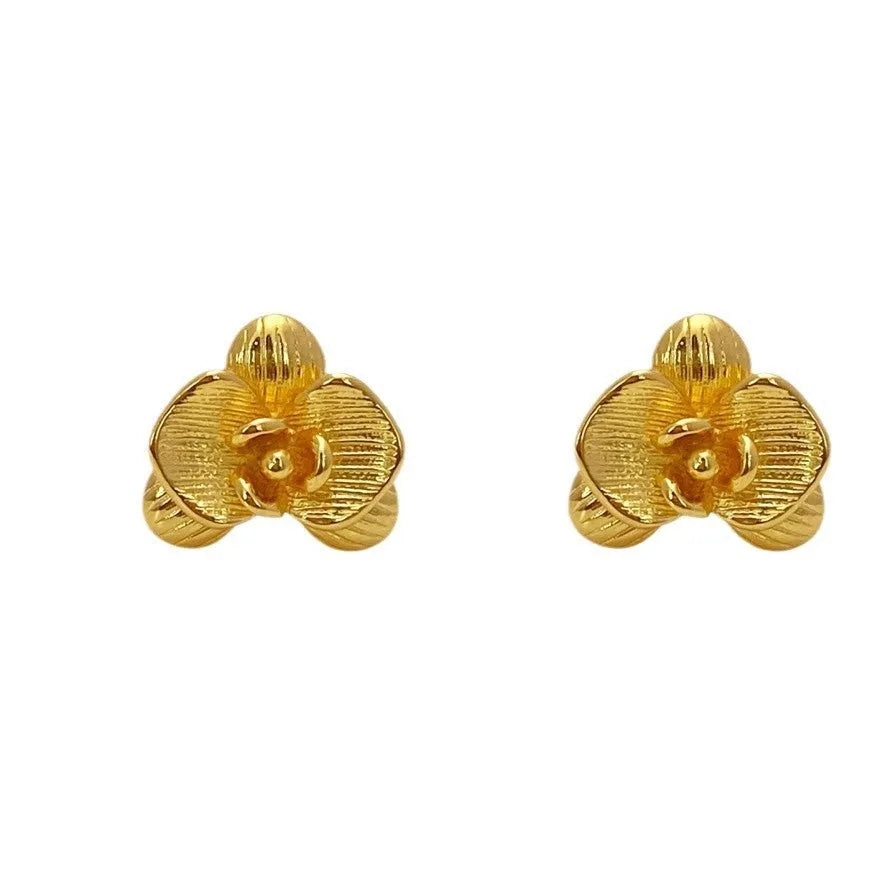 Copper flower earrings with electroplated gold or silver finish and retro petal design