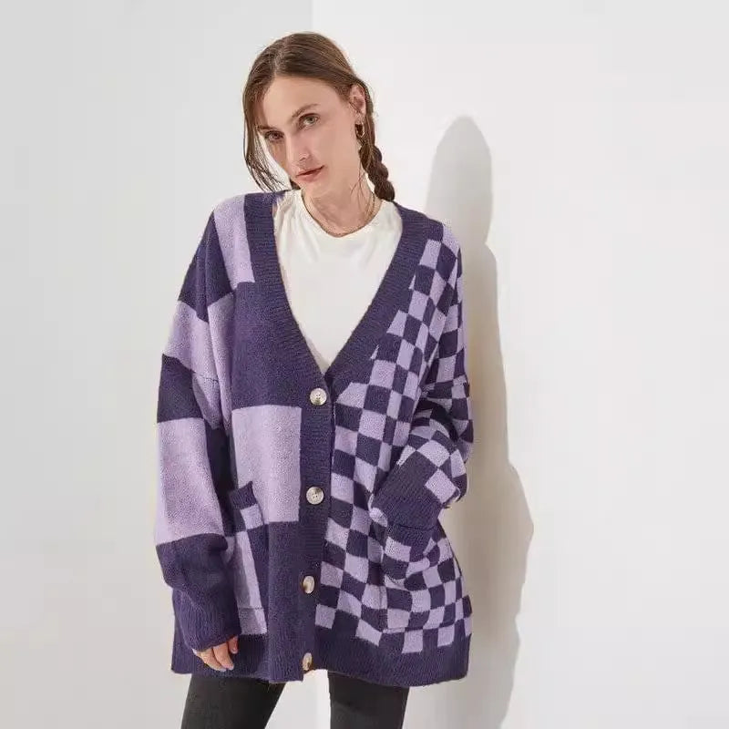 Printed checks loose slim fit cardigan in polyester spandex fabric available in six colours