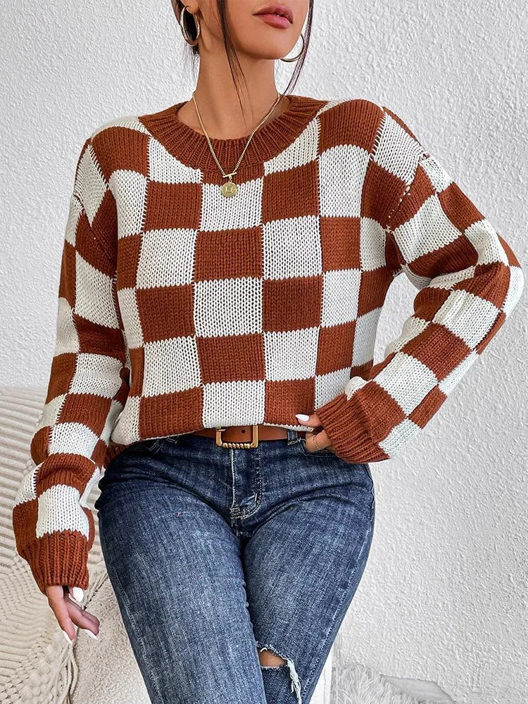 Dark brown plaid loose round neck pullover sweater with long sleeves
